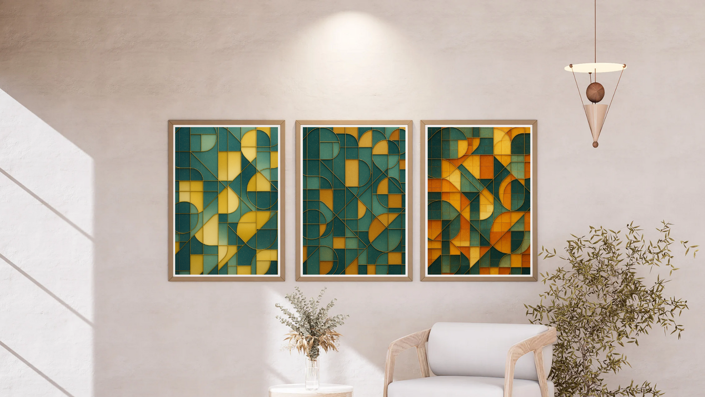 Abstract Geometric Tile Texture Art – Blue-Green & Amber Palette Printable Wall Art Set of 3 (Digital Download)