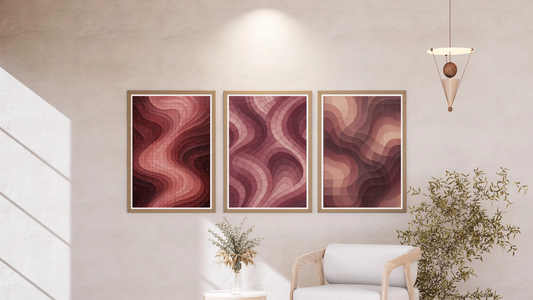 Abstract Geometric Tile Texture Art – Wine & Rosewood Palette Printable Wall Art Set of 3 (Digital Download)