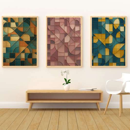 Abstract Geometric Tile Texture Art – Teal & Amber Printable Wall Art Set of 3 (Digital Download)