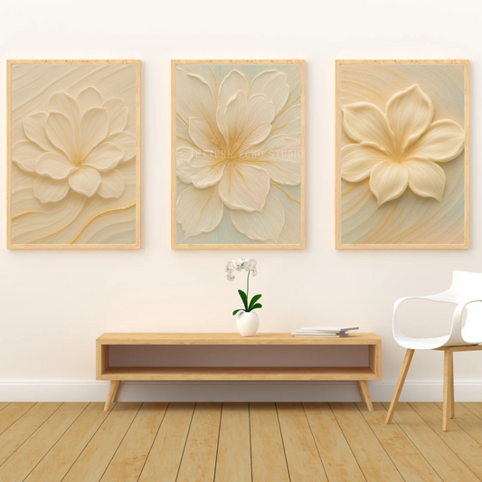 Abstract Floral Texture Art – Soft Cream & Ivory Bloom Printable Wall Art Set of 3 (Digital Download)