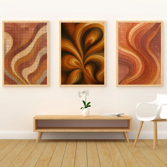 Abstract Tile Wave Texture Art – Amber & Terracotta Printable Wall Art Set of 3 (Digital Download)