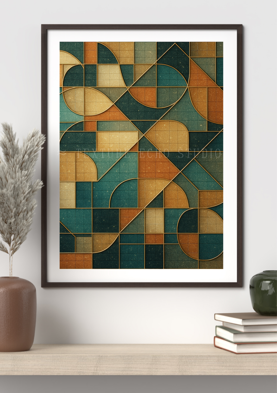 Abstract Geometric Tile Texture Art – Teal & Amber Printable Wall Art Set of 3 (Digital Download)