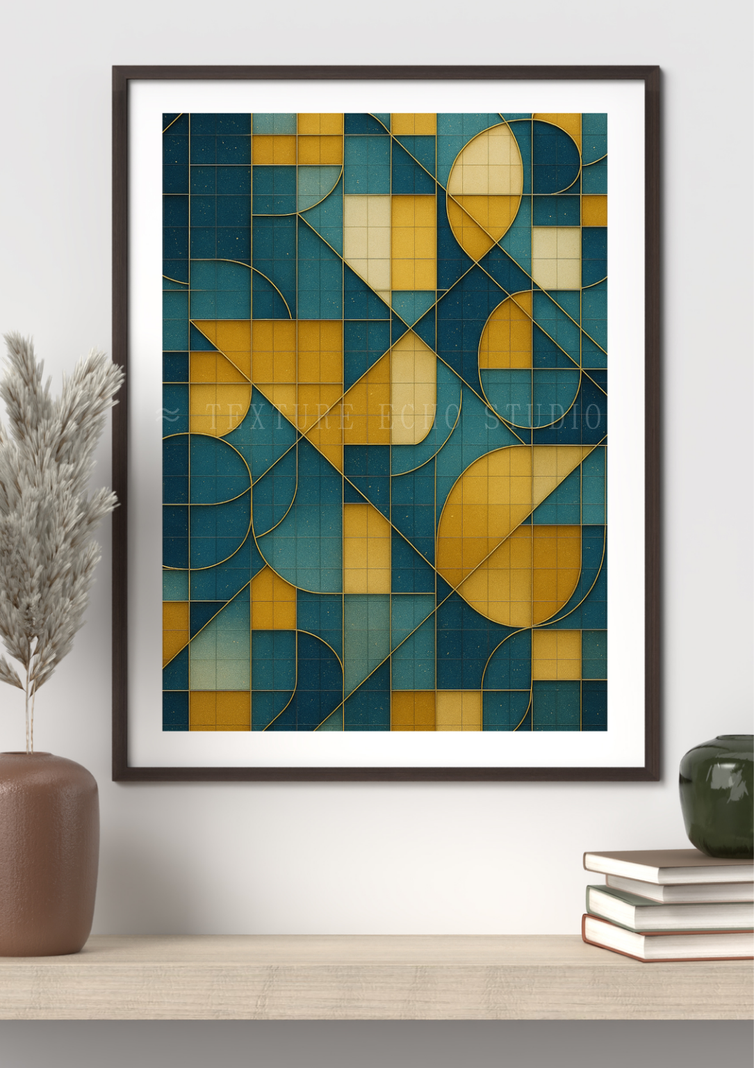 Abstract Geometric Tile Texture Art – Teal & Amber Printable Wall Art Set of 3 (Digital Download)
