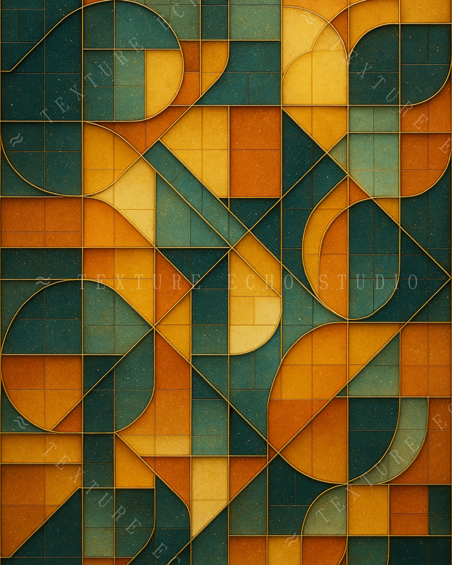 Abstract Geometric Tile Texture Art – Blue-Green & Amber Palette Printable Wall Art Set of 3 (Digital Download)