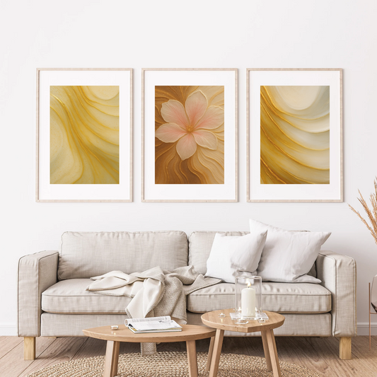 Abstract Cafe Wave Texture Art – Soft Gold & Blush Printable Wall Art Set of 3 (Digital Download)