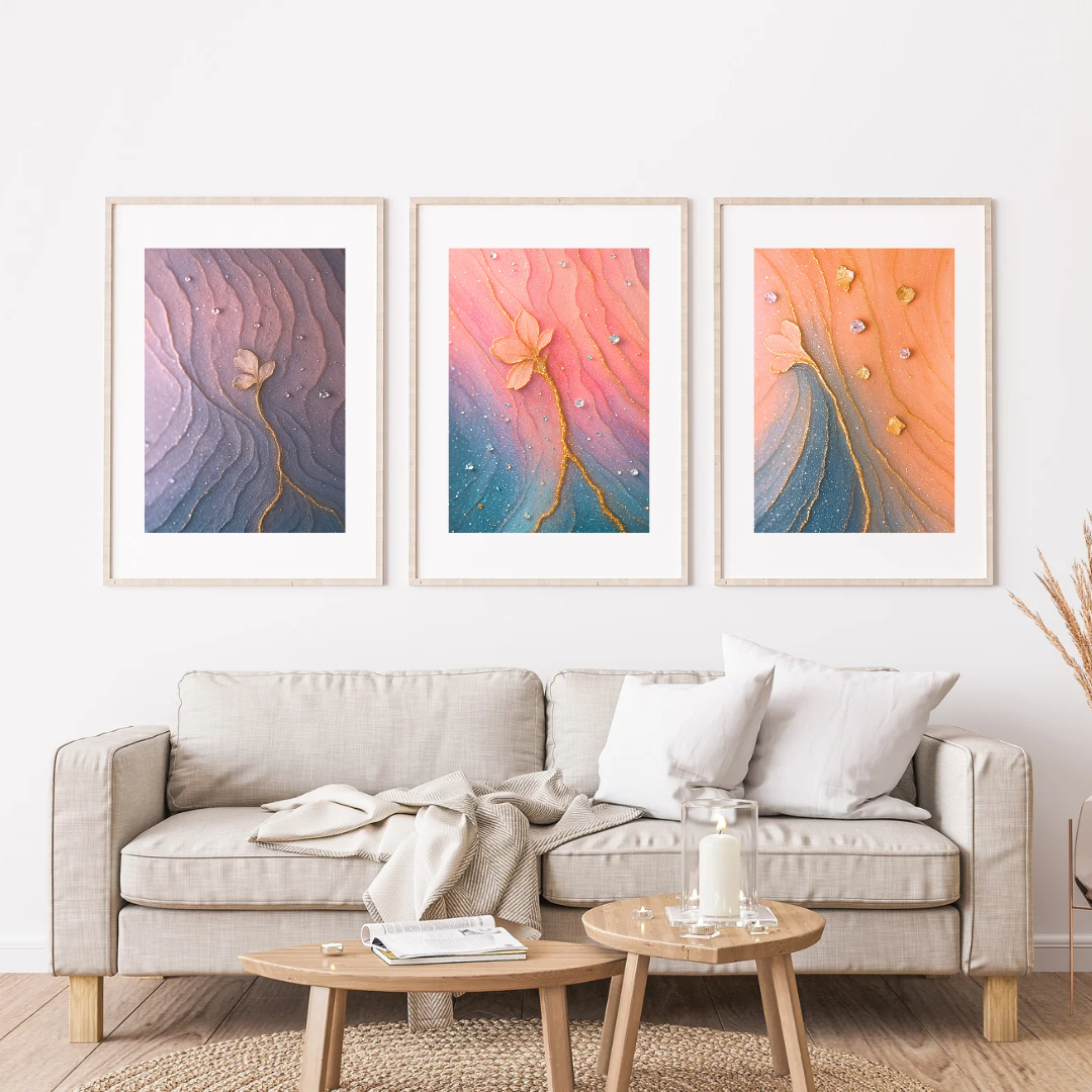 Abstract Floral Texture Art – Pastel Bloom & Gold Accent Printable Wall Art Set of 3 (Digital Download)