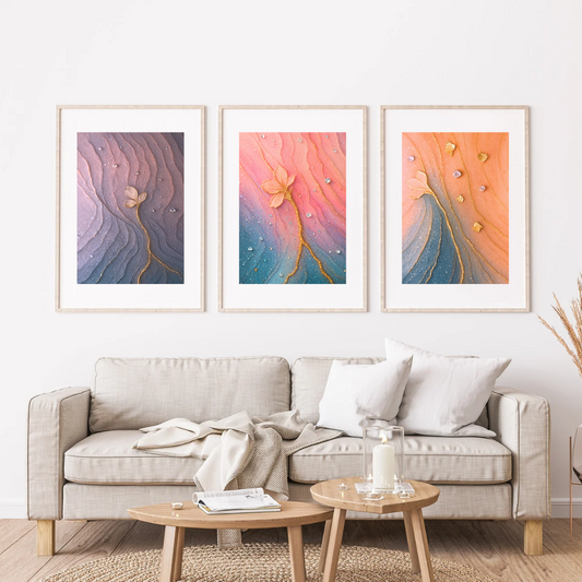 Abstract Floral Texture Art – Pastel Bloom & Gold Accent Printable Wall Art Set of 3 (Digital Download)