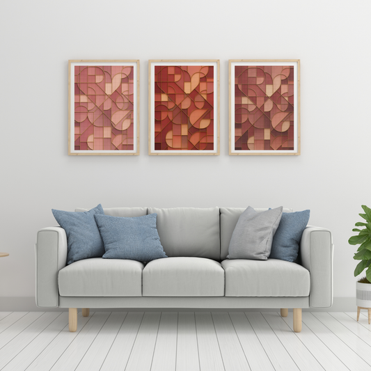 Abstract Geometric Tile Texture Art – Rose Pink Palette Printable Wall Art Set of 3 (Digital Download)